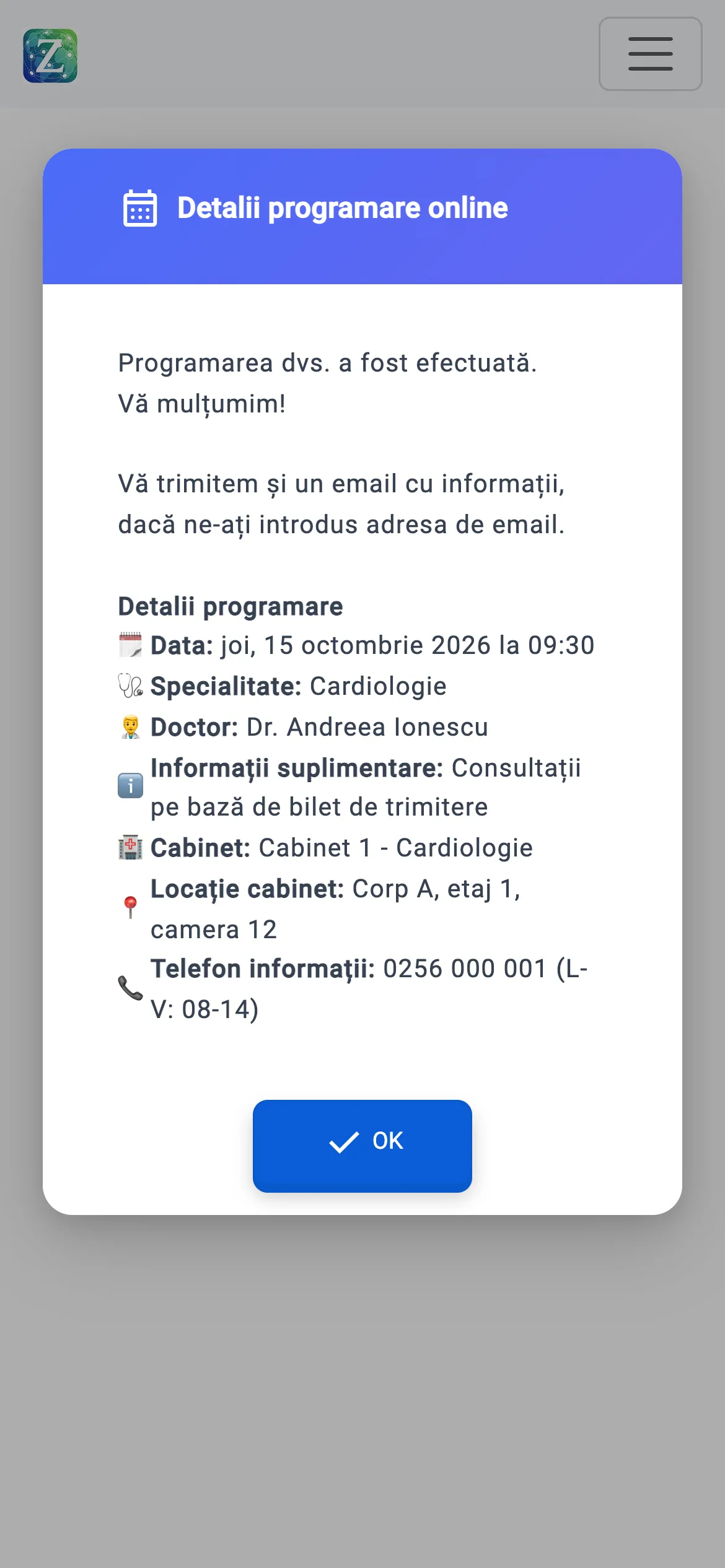 Confirmarea programării pe telefon