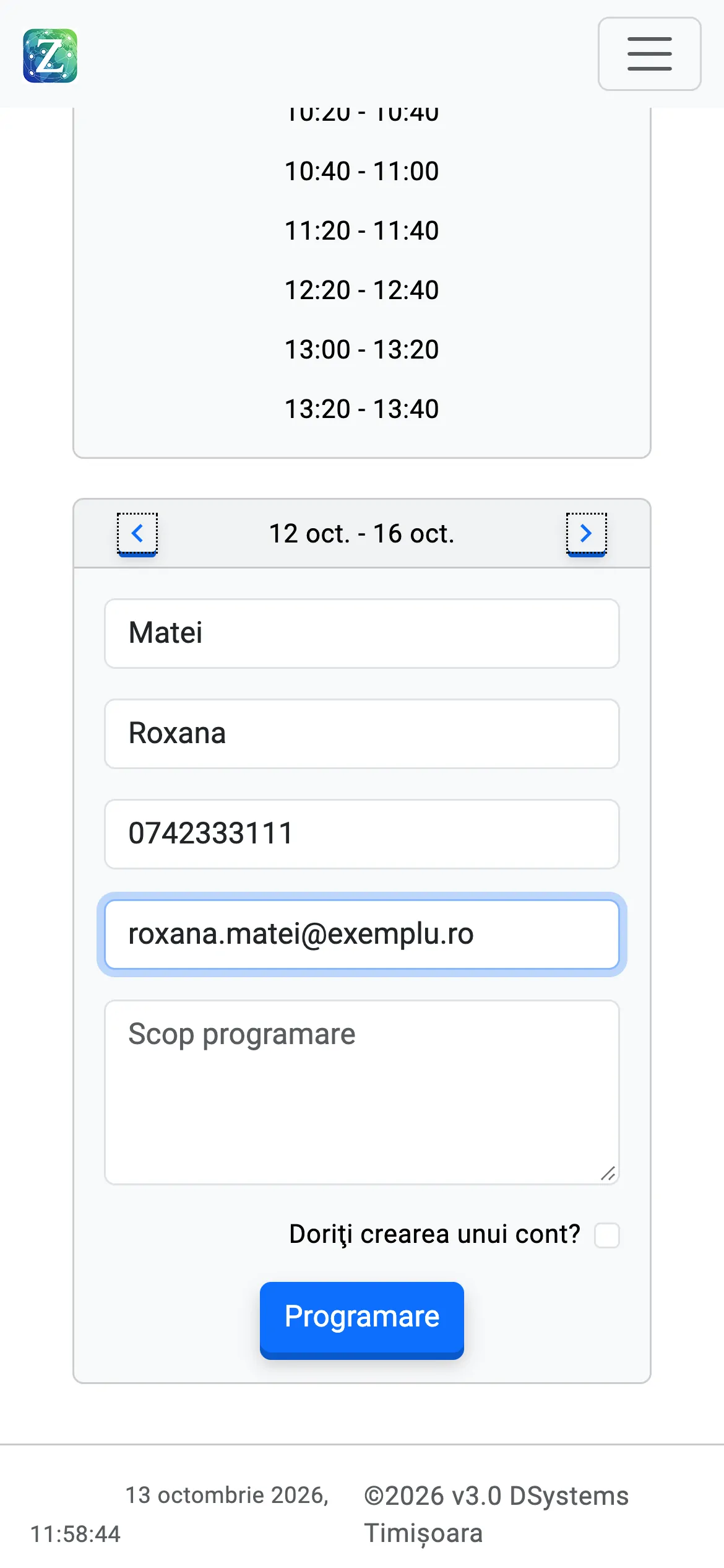 Formularul de programare pe telefon