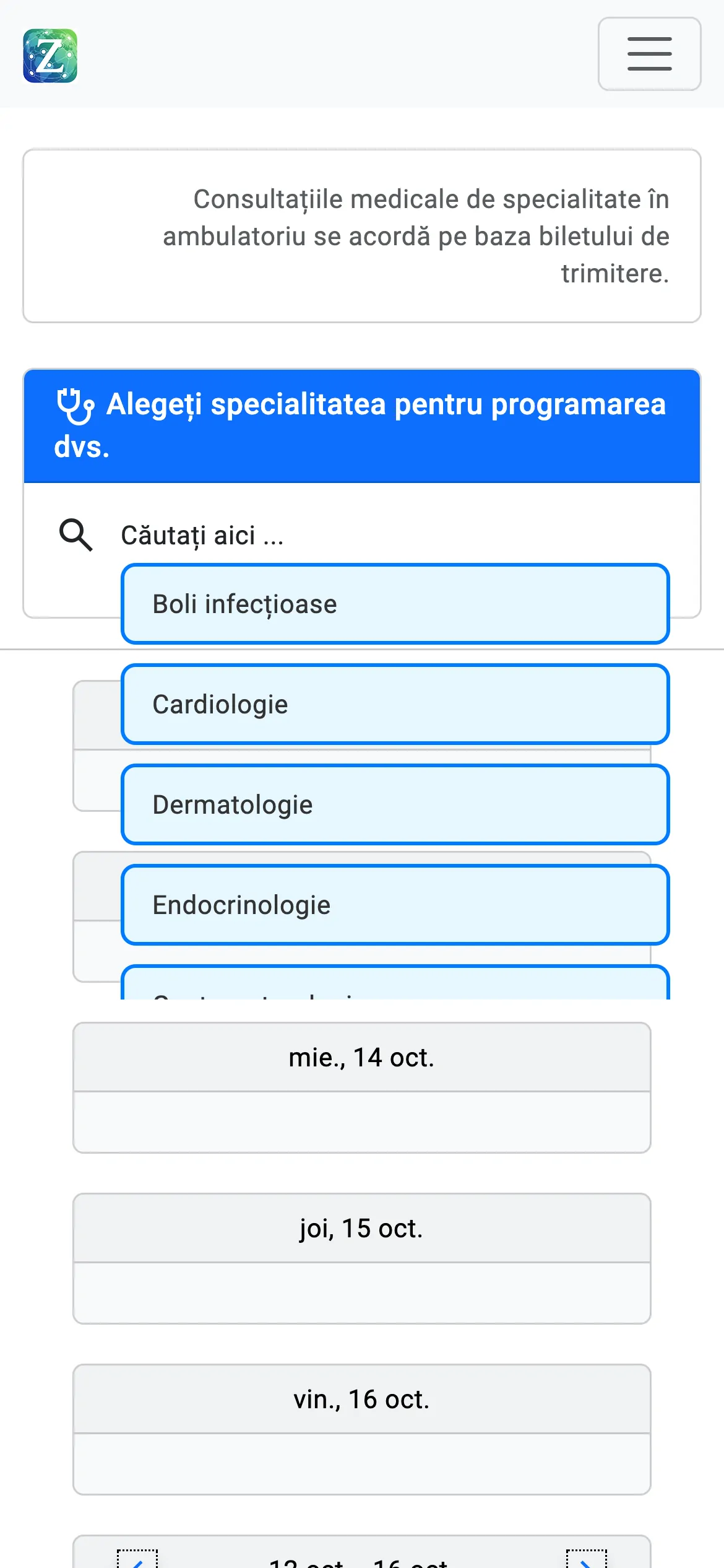 Lista specialităților pe telefon